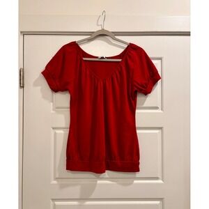 Now Red V-Neck Puff Short Sleeve Banded Hem Blouse Size 14
